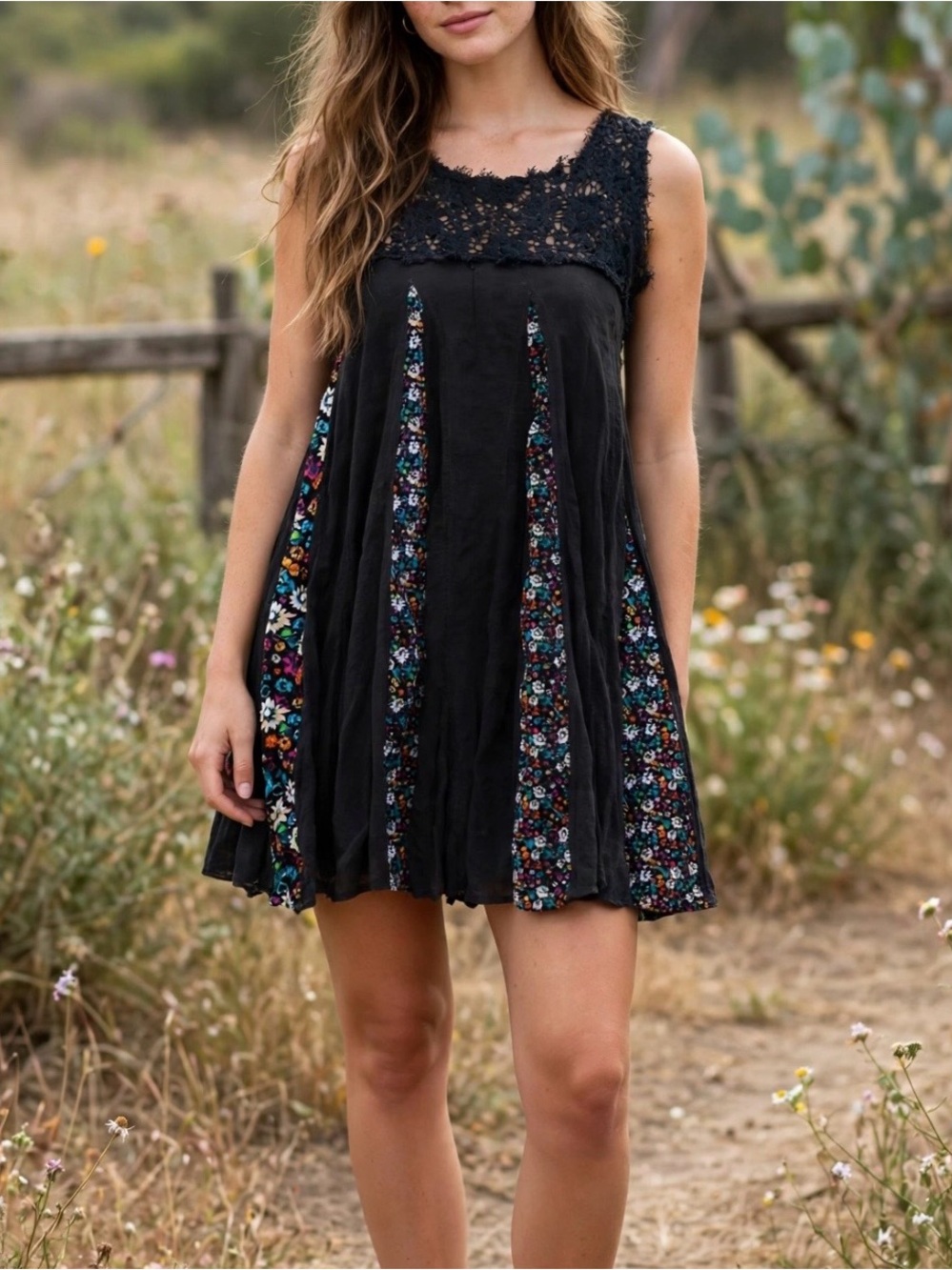 FP One | Black Crochet Yoke Mini Dress with Floral Paneled Insets